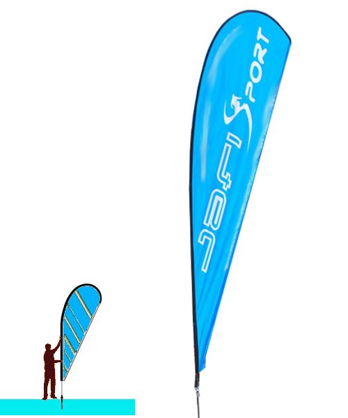 oriflamme drapeau publicitaire forme moderne sportive type goutte. Nombreuses dimensions. Nombreuses fixations. Qualité professionnelle. Vente en ligne